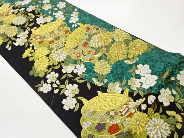 よろけ縞に糸巻き・草花・古典柄模様織出し袋帯